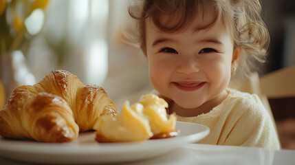 
Close-up of a golden croissant with a flaky crust on a white plate