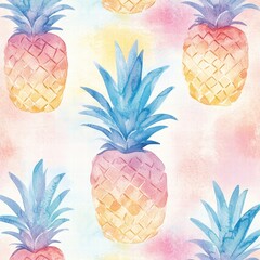 Poster - Colorful watercolor pineapple pattern showcases vibrant tropical fruit on soft pastel background for summer decor. Generative AI