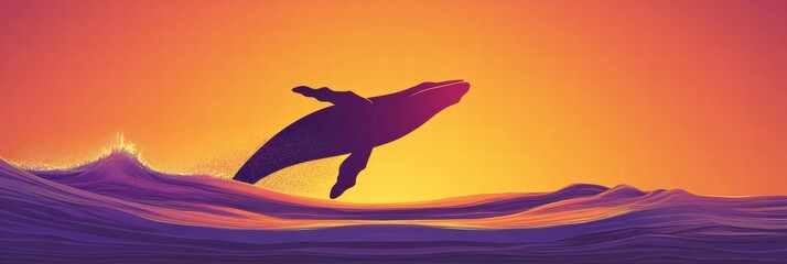 Fototapete - Whale breaching at sunset over ocean waves creates a breathtaking silhouette in the sky. Generative AI