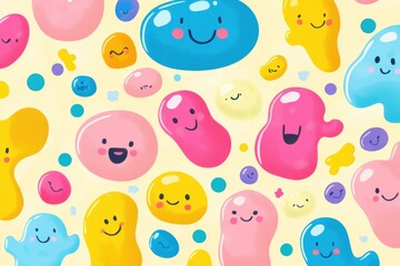 Aufkleber - Cartoon microbes with cheerful faces create a vibrant and playful pattern on a bright background. Generative AI