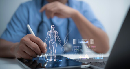 futuristic representation of ai technology in healthcare, with a virtual brain glowing in a doctor's