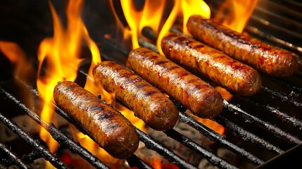 Grilling Sausages Close-up of Five Sausages on a BBQ Grill with Flames, Food Photography, Barbecue, grilling, sausages Barbecue, Food Photography