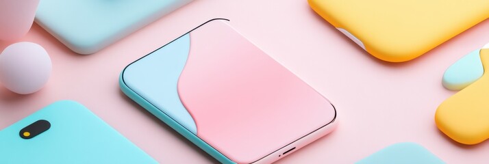 Fototapete - Colorful and simplified social media post design showcasing modern tech accessories on a pastel background. Generative AI
