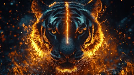 Sticker - Fiery tiger with lightning strike.