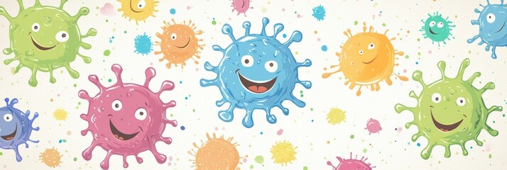 Aufkleber - Smiling cartoon microbes of various colors celebrating in a playful and vibrant environment. Generative AI