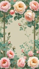 Wall Mural - Delicate pastel roses with green stems framing the edges for a gentle vintage border in pastel rose border frame pattern background