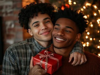 A happy gay couple hugging a smiling guy on the cheek, holding a red gift box on Valentine's Day