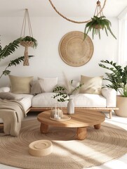 Wall Mural - Bohemian living room with a woven rug, rattan furniture, and an eclectic mix of colorful throw pillows and hanging plants.