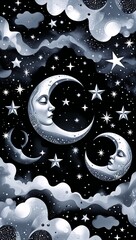 Wall Mural - Whimsical silver moons and stars forming a dreamy celestial border design in silver star border frame pattern background