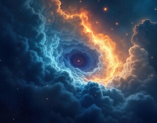 Wall Mural - abstract swirling nebula shows space galaxy with vibrant blue, gold clouds. stars, light shine throu