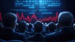 © sathon - Large group of shareholders watching a presentation on financial performance, digital charts and stock market data, formal business meeting