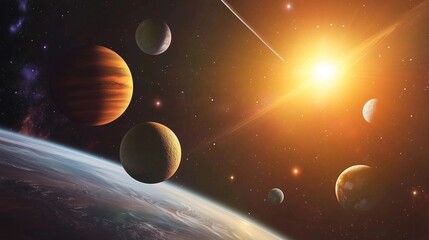 Wall Mural - in the foreground, we see an array of planets orbiting around their stars. the sun shines brightly i