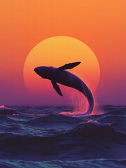 Poster - Whale breaches against a vibrant sunset on a calm ocean. Generative AI