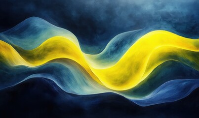 Poster - Abstract painting; yellow, blue waves flow.