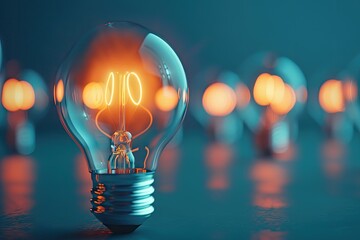 One light bulbs with glowing one isolated over blue background leadership concept