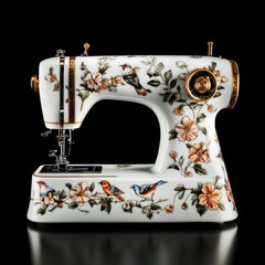 Wall Mural - Porcelain sewing machine, floral birds, dark background, collectible art