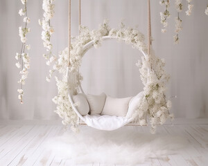 Empty newborn digital swing background hanging decorated with white flowers