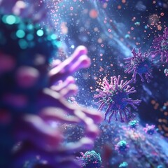 Poster - Viruses invading and interacting with host cells in a vibrant microscopic environment. Generative AI