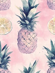 Aufkleber - Colorful watercolor pineapple and lemon pattern on a soft pink background showcasing tropical vibes and summer essence. Generative AI