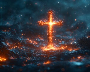Wall Mural - glowing cross in mystical digital fantasy realm with swirling magical energy