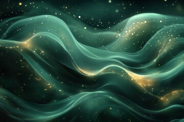 Wall Mural - textured waves of green and gold sparkle in an ethereal, cosmic background