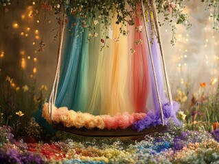 Hanging flower swing decorated with pastel colored tulle for newborn photography