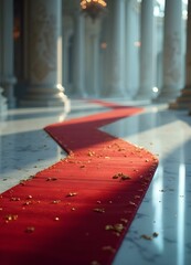 Red carpet over a white marble luxury floor, premium corridor, suxcess, business, richness, rich, popularity, business, lifestile, gold, red velvet carpet, white marble walls and column, golden decora