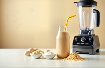 Healthy protein shake ingredients, blender on white table. Protein powder, food items next to glass bottle filled with protein drink. Straw in bottle. Lifestyle food, drink concept. Wellness,