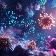 Fototapete - Viruses invade cells in a detailed microscopic view showcasing interactions in a vibrant biological landscape. Generative AI