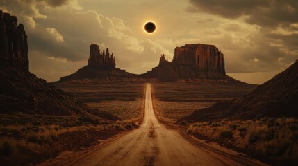 Wall Mural - Breathtaking Solar Eclipse Over Desert Road in Majestic Landscape