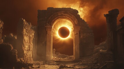 Wall Mural - Ancient Stone Archway Framing Captivating Solar Eclipse Scene