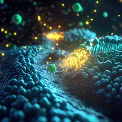 Fototapete - Viruses invading cells in a vibrant microscopic landscape during cellular interactions. Generative AI