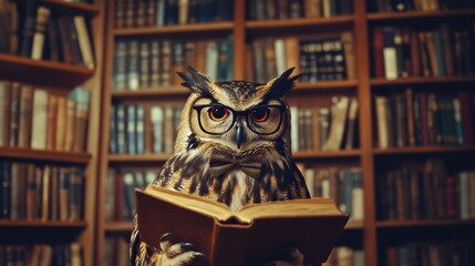Poster - Owl wearing glasses and bow tie poses in front of a grand bookshelf filled with books in a cozy library setting. Generative AI