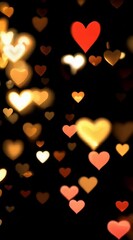 Wall Mural - Heart shaped golden shining bokeh lights on black background. Romantic love concept. Valentine's Day, wedding, anniversary, Women's Day, Mother's Day. Backdrop with copy space. Vertical video, loop