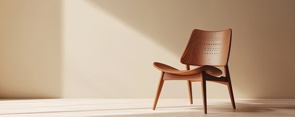 Poster - Modern wooden chair illuminated by sunlight in minimalist room