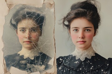 Vintage portrait of a young woman with a faded photograph beside her, before after