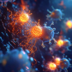 Poster - Viruses invading human cells illustrating intricate biological interactions in a microscopic environment. Generative AI