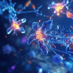 Fototapete - Antibodies engage with glowing viruses in a colorful visualization of immune response in a laboratory setting. Generative AI