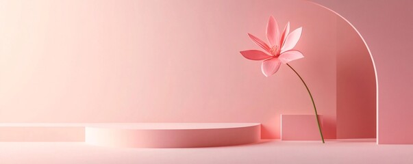 Aufkleber - Pink flower standing near round podium on pastel background