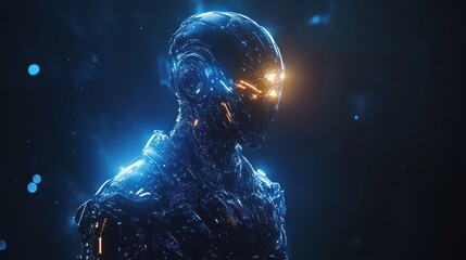 Futuristic metallic android with glowing eyes in dark blue environment.