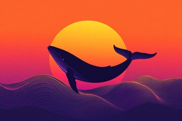Aufkleber - Silhouette of a whale breaching against a vibrant sunset over ocean waves. Generative AI