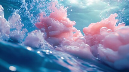 Aufkleber - Pinkish foam and bubbles floating on clear blue water surface