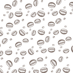 a seamless pattern featuring detailed illustrations of coffee beans, drawn in a light brown/gray vin