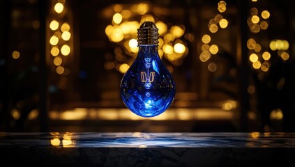 Wall Mural - a glowing sapphire bulb hovers mid-air above a shadowy marble platform