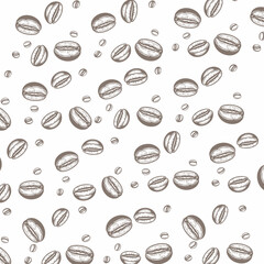 a seamless pattern featuring detailed illustrations of coffee beans, drawn in a light brown/gray vin