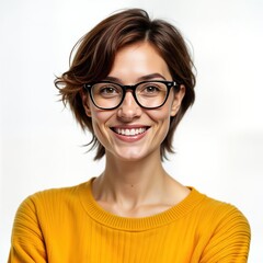 Wall Mural - Smiling woman with short brown hair wears glasses, yellow sweater in studio setting. Happy person looking directly at camera. Positive, cheerful expression. Fashionable look. Perfect for business,