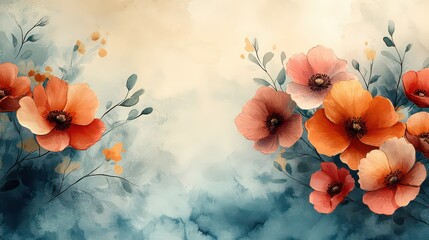 Wall Mural - Watercolor painting of orange and red poppies on a blue and beige background.