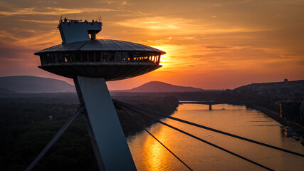 Wall Mural - sunset over the bridge, UFO, castle, Bratislava, Slovakia