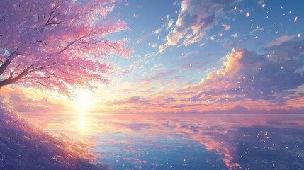Wall Mural - Serene Sunset Over Calm Water With Cherry Blossom Tree Background
