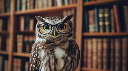 Leinwandbilder - Owl portrait wearing glasses and a bow tie in front of a grand bookshelf filled with classic literature. Generative AI